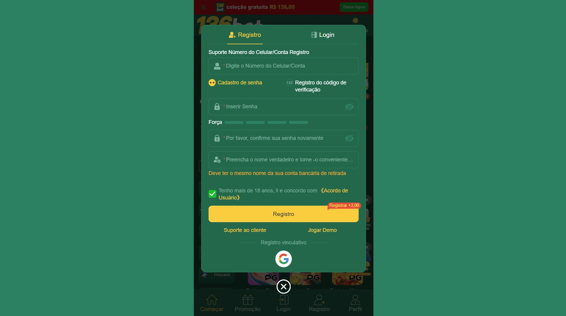 Registrar e Iniciar sua Jornada no 136bet .com
